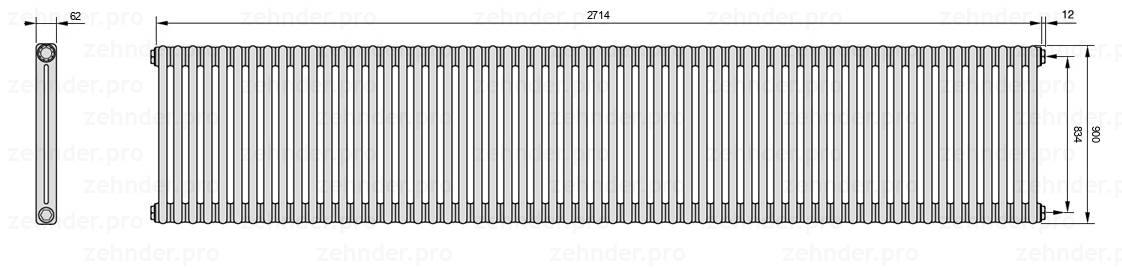 Схема (чертеж) Радиатор Zehnder Charleston 2090/59 №7610 Белый глянцевый RAL 9016